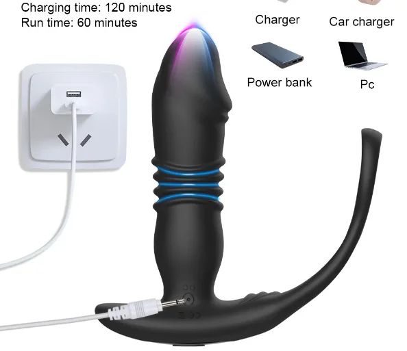 Thrusting Prostate Massager Butt Plug Double Cock Penis Ring