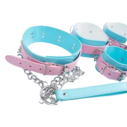Bondage kit, handcuffs, ankle cuffs, collar and leash