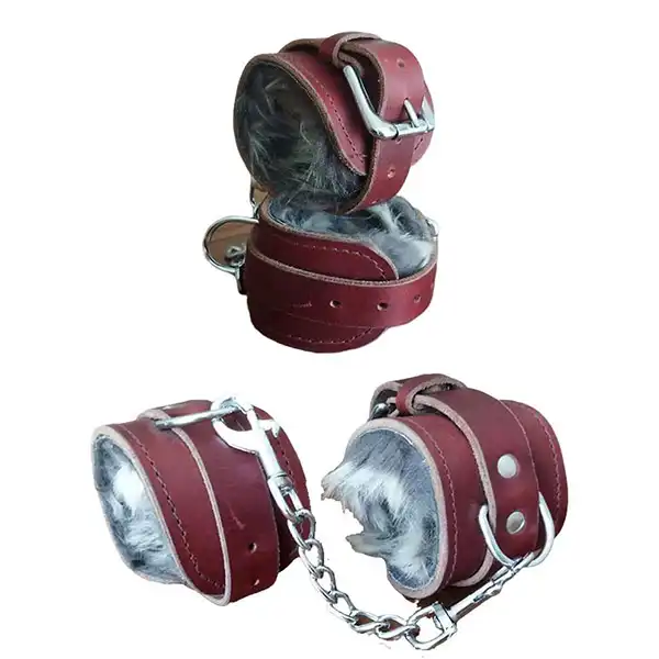Brown Leather handcuffs with fur