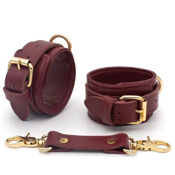 Burgundy Bondage Leather Restraint Set, Cuffs, and Collar