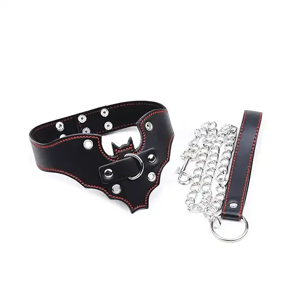 Genuine Leather Bat Shape Collar With Chain Leash
