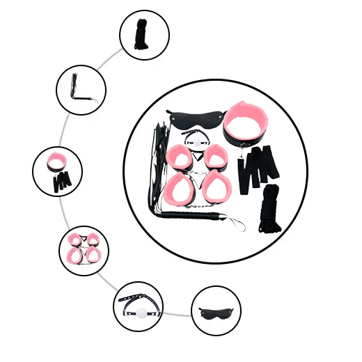 Pink & Black 7 Pcs set BDSM Bondage Kit Handcuffs