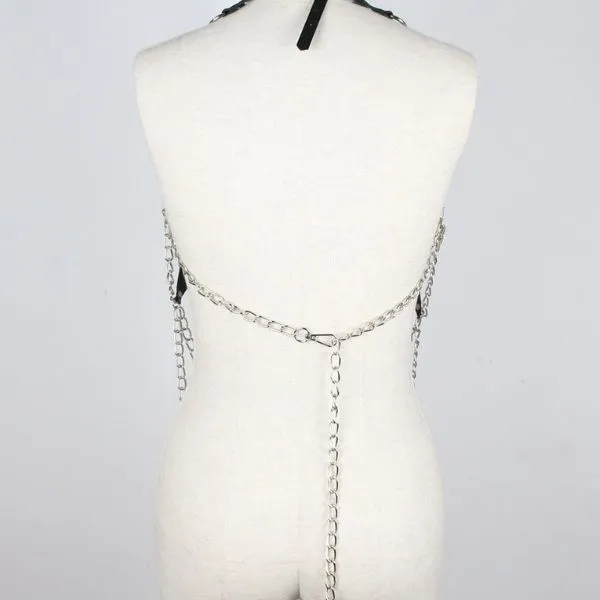 Sexy Star Faux Leather Body Harness Metal Chain Crop Top For Women