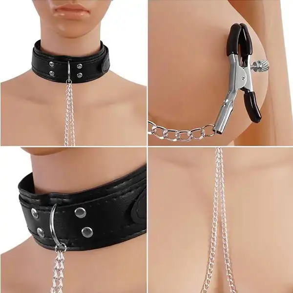Slave Collar & Nipple Clamps Leather