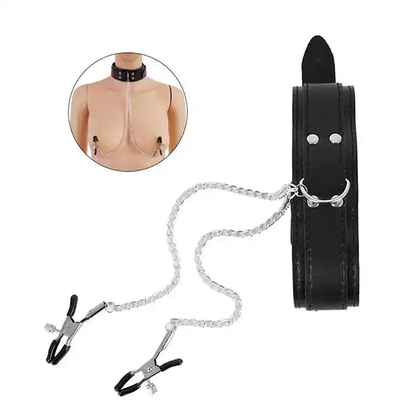 Slave Collar & Nipple Clamps Leather