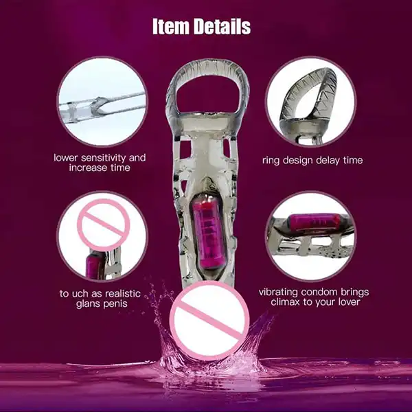 Vibrating Penis Extender with Cockring Reusable Condom Sleeve