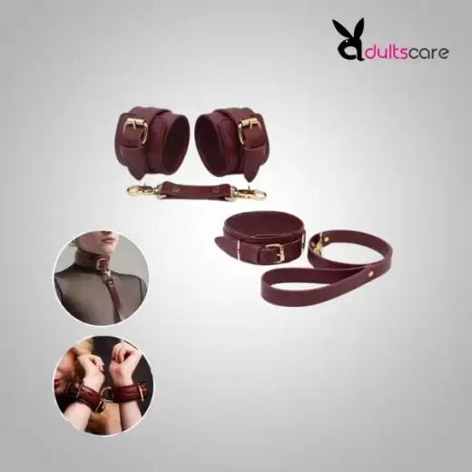 Burgundy Bondage Leather Restraint Set, Cuffs, and Collar
