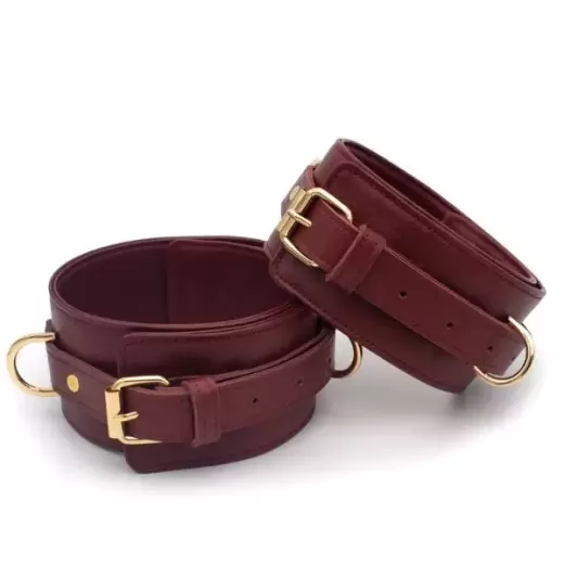 Burgundy Bondage Leather Restraint Set, Cuffs, and Collar