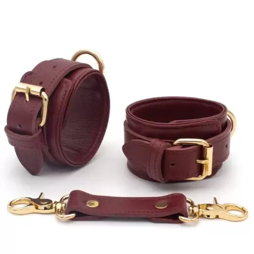 Burgundy Bondage Leather Restraint Set, Cuffs, and Collar