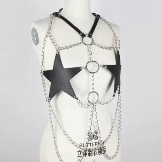 Sexy Star Faux Leather Body Harness Metal Chain Crop Top For Women