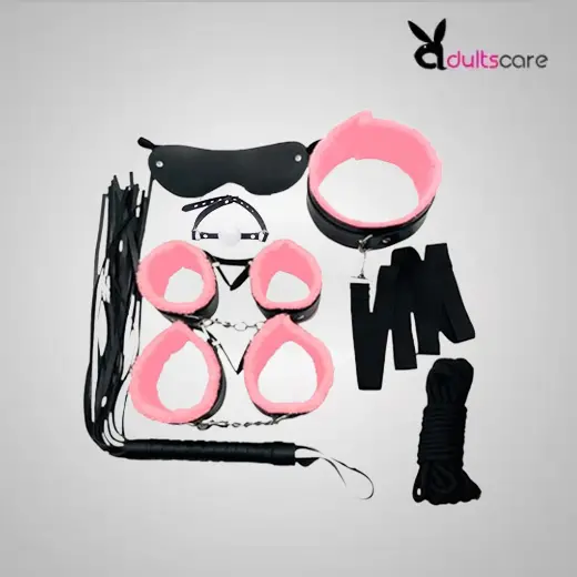Pink & Black 7 Pcs set BDSM Bondage Kit Handcuffs