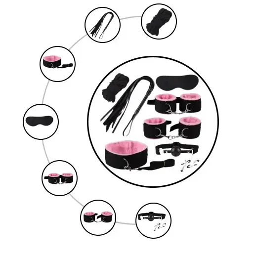Pink & Black 8 Pcs set BDSM Bondage Kit Handcuffs