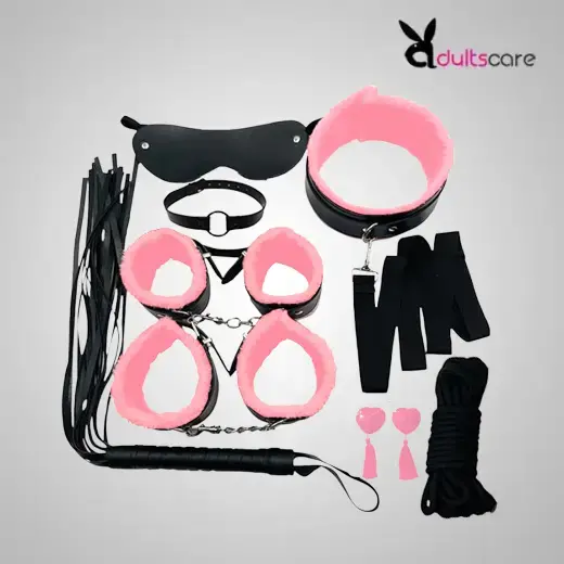 Pink & Black 8 Pcs set BDSM Bondage Kit Handcuffs