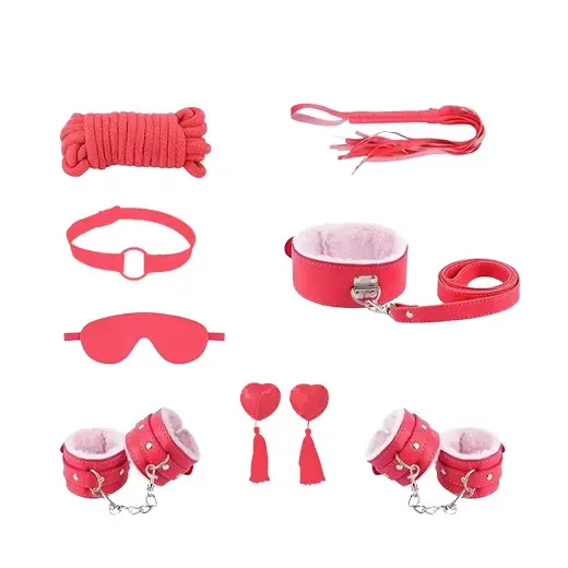 Pink & Black 8 Pcs set BDSM Bondage Kit Handcuffs