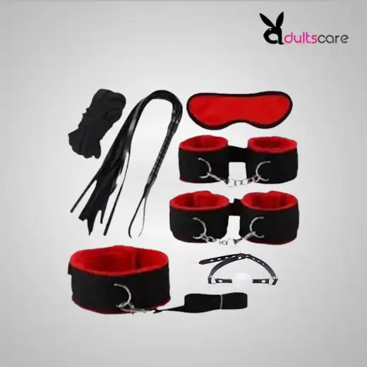 Red & Black 7 Pcs set BDSM Bondage Kit Handcuffs
