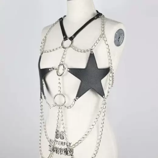 Sexy Star Faux Leather Body Harness Metal Chain Crop Top For Women