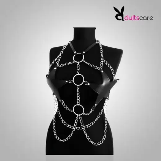 Sexy Star Faux Leather Body Harness Metal Chain Crop Top For Women