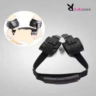 PU Leather Handcuffs With Traction Handle Fetish For Woman Couples