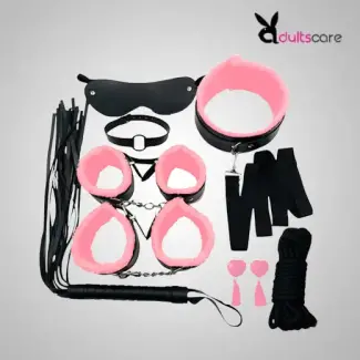 Pink & Black 8 Pcs set BDSM Bondage Kit Handcuffs