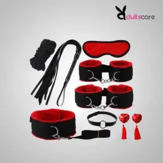 Red & Black 8 Pcs set BDSM Bondage Kit Handcuffs