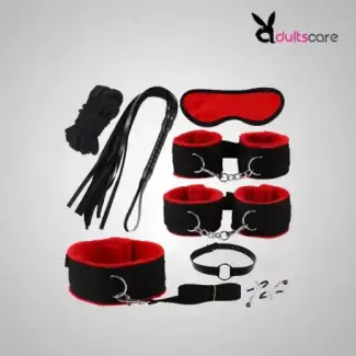 Red & Black 8 Pcs set BDSM Bondage Kit Handcuffs