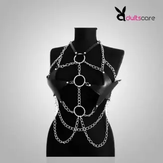 Sexy Star Faux Leather Body Harness Metal Chain Crop Top For Women