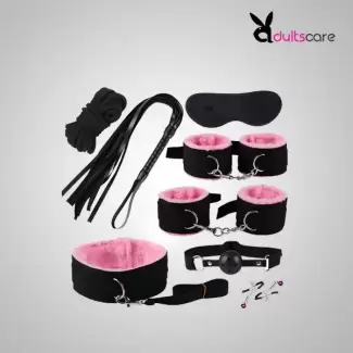 Pink & Black 8 Pcs set BDSM Bondage Kit Handcuffs