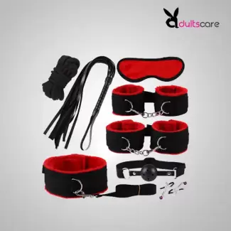 Red & Black 8 Pcs set BDSM Bondage Kit Handcuffs